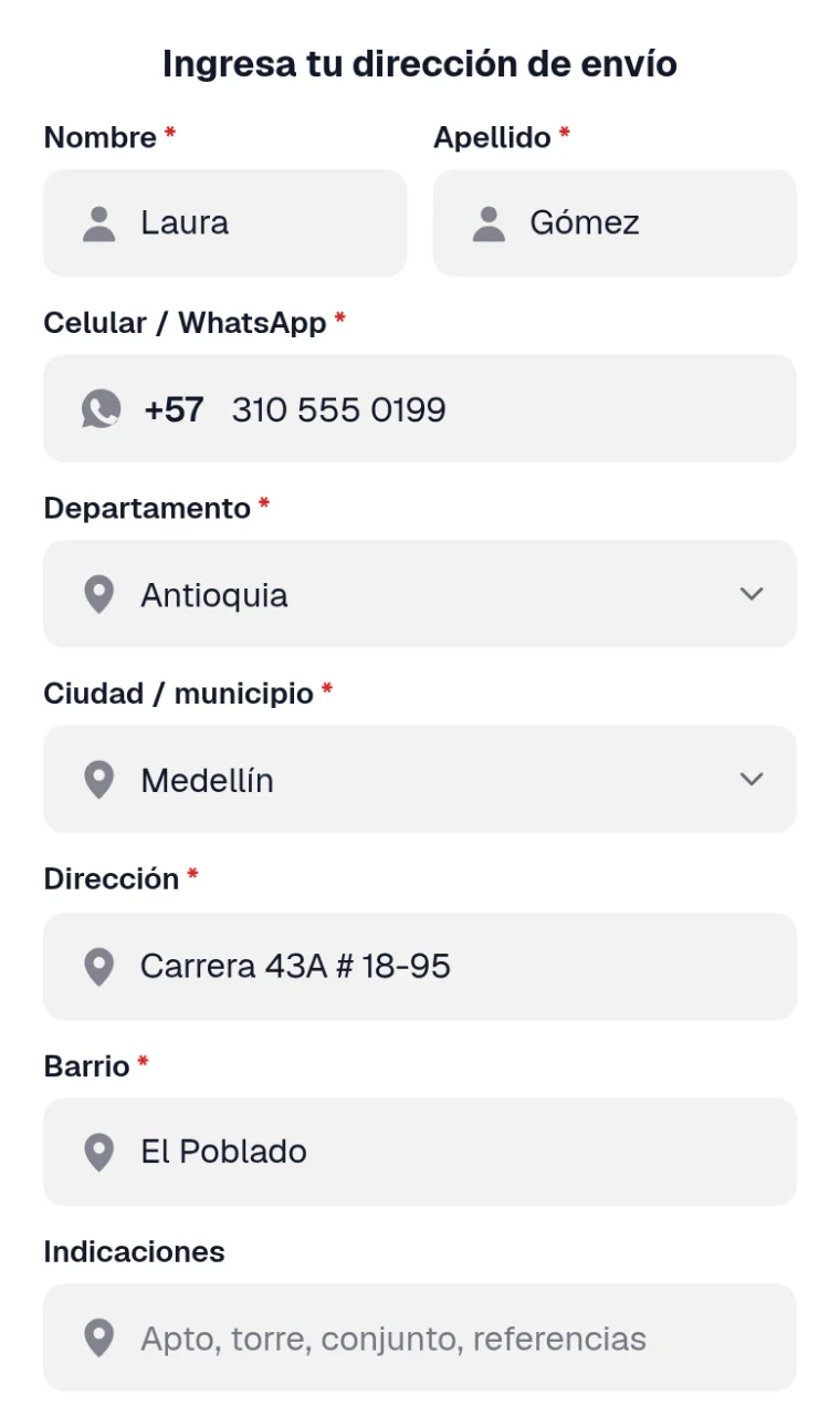 Campos de dirección con departamento Antioquia y ciudad Medellín