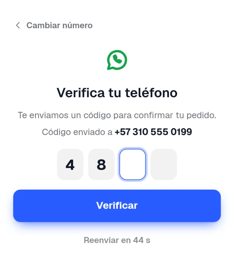 Pantalla de verificación: código enviado por WhatsApp al +57 310 555 0199