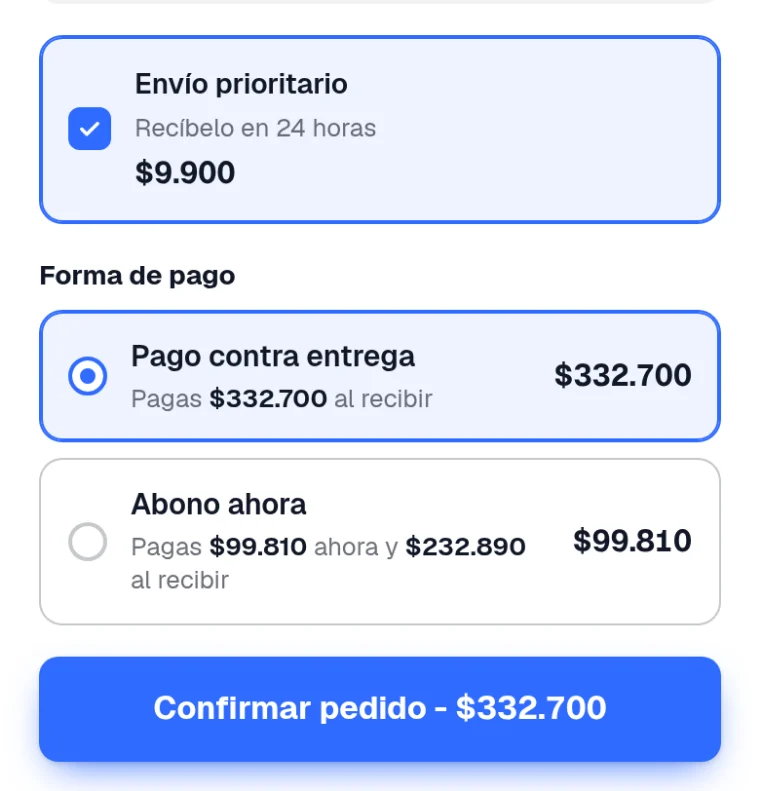 Upsell de envío prioritario, pago contra entrega o abono, y botón de confirmar pedido